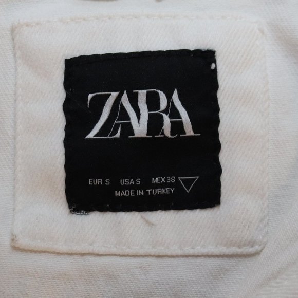 Zara Denim Jacket Unisex Size Small Distressed White/Cream Graffiti Printed - Picture 8 of 8